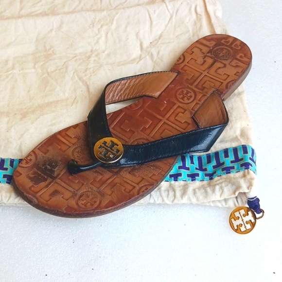 TORY BURCH Black and Brown Flip Flops with Logo - Picture 1 of 4